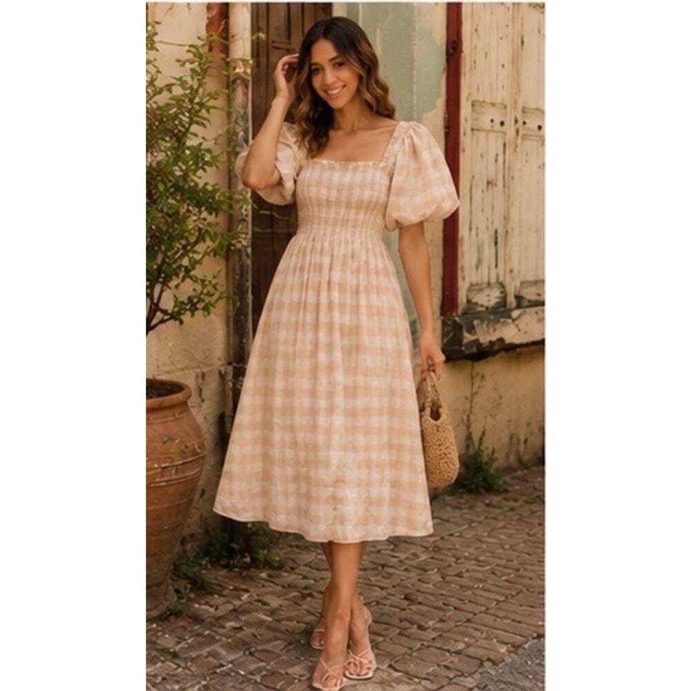 Charina Sarte Selena Dress Gingham Linen Puff Sleeve Midi Dress Large - Picture 7 of 12